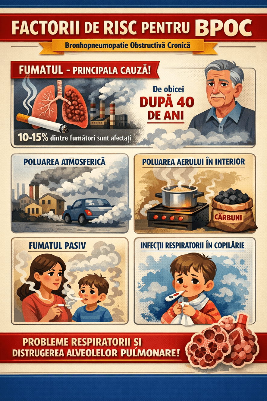 Infografic factori de risc BPOC: fumat, poluare, infectii respiratorii Infografic factori de risc BPOC: fumat, poluare, infectii respiratorii